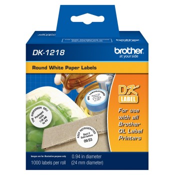 Etiquetas Brother DK1218 - Circulares Pre-Cortadas Blancas - 24mm de Diametro - Rollo de 1,000 Etiquetas - DK1218