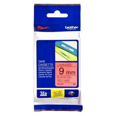 Cinta Brother Tze421 Texto Negro Sobre Fondo Rojo 9Mm X 8Mts. - TZE421