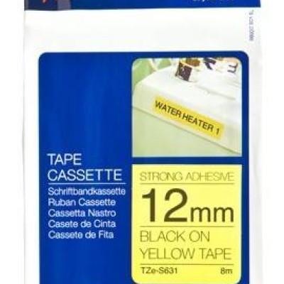 Cinta Brother TZES631 - Texto Negro sobre Fondo Amarillo - 12mm x 8mts. - Súper Adhesiva - TZES631