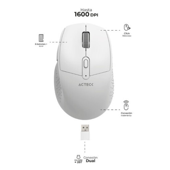 Mouse Acteck OPTIMIZE ERGO MI680 - Inalámbrico - USB - 6 Botones - Blanco - AC-934084