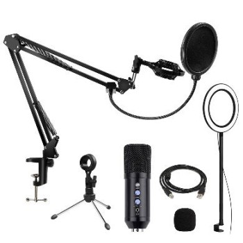 Kit de Micrófono de Condensador Profesional BRobotix - USB - Incluye Soporte de Brazo, Tripie y Aro de Luz - 263885
