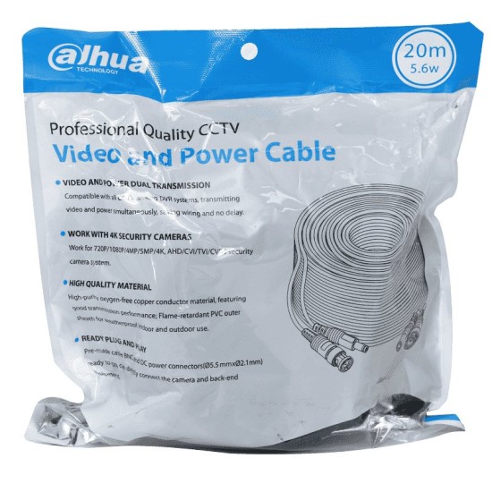 Cable Dahua DH-PFM942I-20-5 - BNC - 20M - Para Video y Energía - Exterior e Interior - DH-PFM942I-20-5