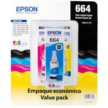 Tinta Epson T664 - 3 Botellas Cian, Magenta, Amarillo - 70ML - Modelo T664520-3P
