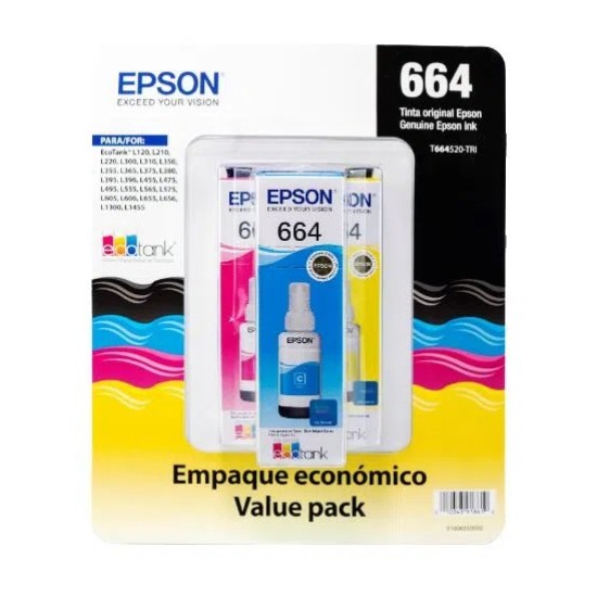 Tinta Epson T664 - 3 Botellas - Cian - Magenta - Amarillo - 70ML - T664520-3P