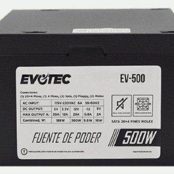 Fuente de poder Evotec EV-500 - 500W - ATX - 20+4 Pines - SATA - Molex - Floppy - EV-500