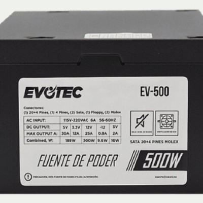 Fuente de poder Evotec EV-500 - 500W - ATX - 20+4 Pines - SATA - Molex - Floppy - EV-500