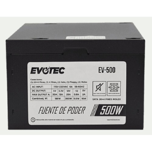 Fuente de Poder Evotec EV-500 500W ATX para PC con Conectores SATA y Molex