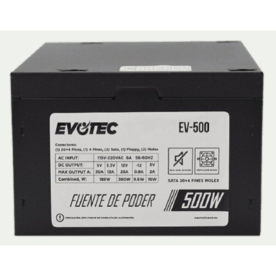 Fuente de poder Evotec EV-500 - 500W - ATX - 20+4 Pines - SATA - Molex - Floppy - EV-500