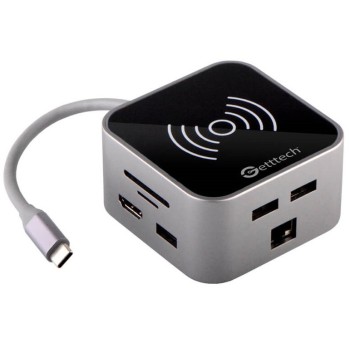 Hub Tipo C Getttech Thunderbolt - HDMI - RJ45 - USB Tipo A - SD - TF - 3.5mm - Cargador Inalámbrico - GHW-69401