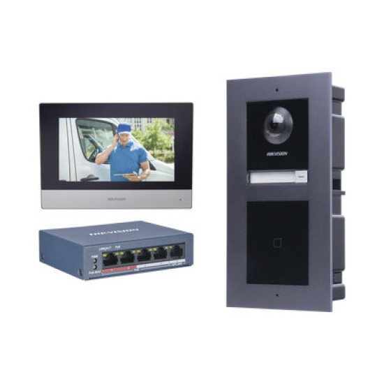Kit de Videoportero IP HIKVISION DSKIS601-V2 - Frente de calle DS-KD8003-IME1 - Módulo Lector de Tarjetas DS-KD-E - Montaje DS-KD-ACF2 - Monitor DS-KH6320-WTE1 - Switch PoE DS-3E0505P-E/M - DSKIS601-V2