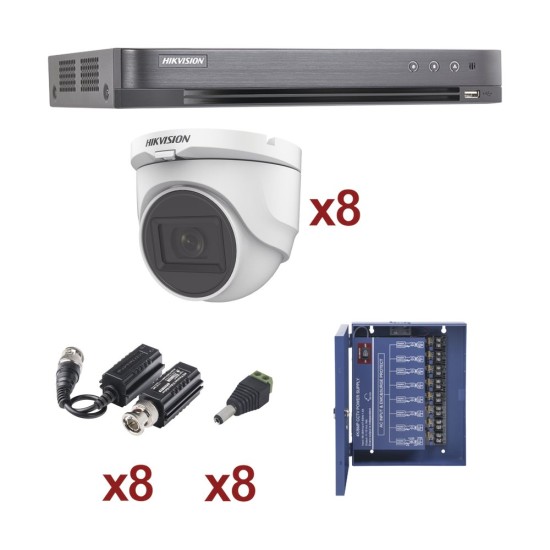 Kit de Vigilancia HIKVISION - DVR 8 Canales - 8 Cámaras Domo - Conectores - Transceptores - Fuente de Poder - KH1080P8DW