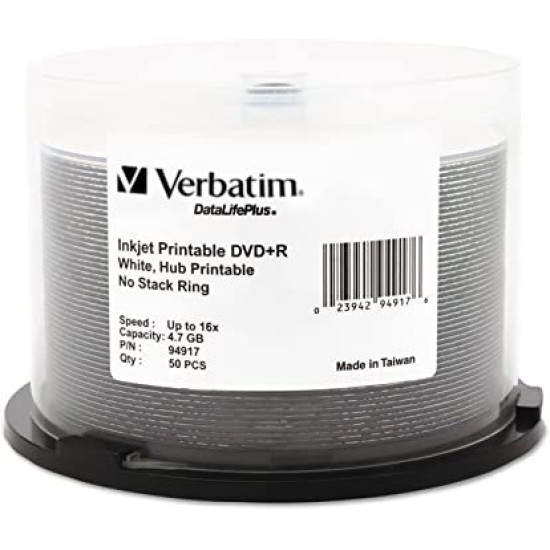 DVD+R Verbatim 94917 - 4.7GB - 16X - Imprimible con Inyección de Tinta - 50 Piezas - 94917
