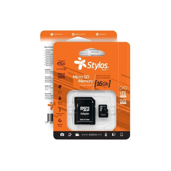 Memoria MicroSDHC Stylos - 16GB - Clase 10 - C/Adaptador - STMS161B