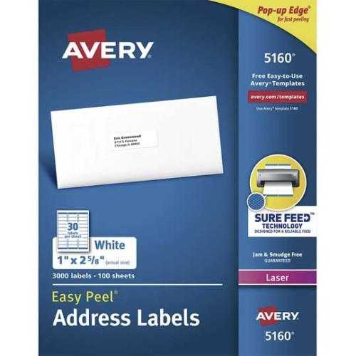 Etiquetas Avery 1 x 2 5/8 Pulgadas para Impresión Láser - 3,000 Unidades - Modelo 05160