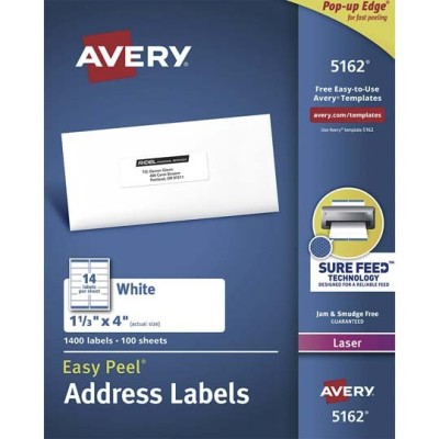 Etiquetas Avery 05162 - 1 1/3" x 4" - Para Impresión Láser - 1,400 Etiquetas - 05162