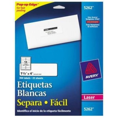 Etiqueta Avery 5262 - Blanca Permanente - Láser - 14 etiquetas por Hoja - 350PK - 5262