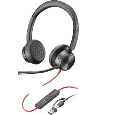 Diadema Poly Blackwire 8225 - Alámbrico - Micrófono - Negro - Adaptador USB-C a USB-A - Certificado para Microsoft Teams - 8X225AA