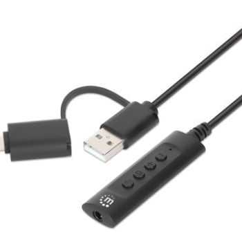Cable Auxiliar Manhattan USB-C/USB-A a 3.5mm con Controles - Modelo 153560 - Negro