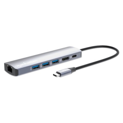 Hub USB-C Macho Manhattan - 3x USB 3.0, 1x USB-C, 1x HDMI 1x RJ-45, Gris - 153959