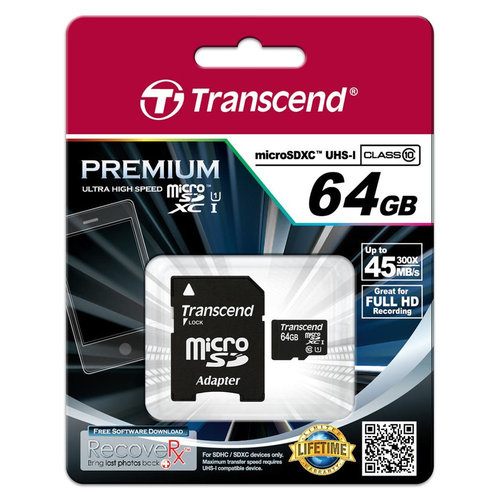 Tarjeta de Memoria MicroSDXC Transcend 64GB Clase 10 UHS-I 90MB/s - TS64GUSDU1