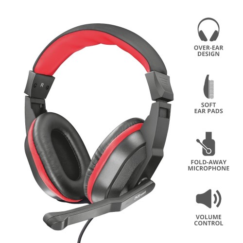 Diadema Gamer Trust Ziva Alámbrica con Micrófono - 1.8 Metros - Negro/Rojo - Modelo 21953