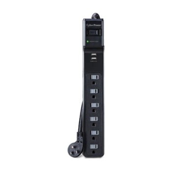 Barra de Multicontactos y Supresor de Picos Cyberpower 6 Contactos 2 USB 500J 125V Negro