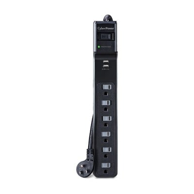 Barra de Multicontactos y Supresor de Picos Cyberpower 6 Contactos 2 USB 500J 125V Negro