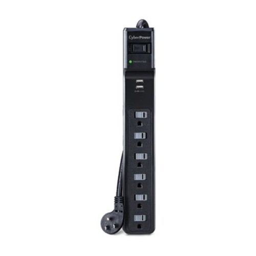 Barra de Multicontactos y Supresor de Picos Cyberpower 6 Contactos 2 USB 500J 125V Negro Barra de Multicontactos y Supresor de Picos Cyberpower 6 Contactos 2 USB 500J 125V Negro