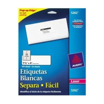 Etiquetas Avery 5262 Blancas Permanentes para Láser - 14 por Hoja - Paquete 350