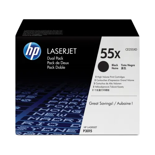 Pack de 2 Cartuchos de Tóner HP 55X Negro Alto Rendimiento LaserJet Original - Modelo CE255XD Pack de 2 Cartuchos de Tóner HP 55X Negro Alto Rendimiento LaserJet Original - Modelo CE255XD