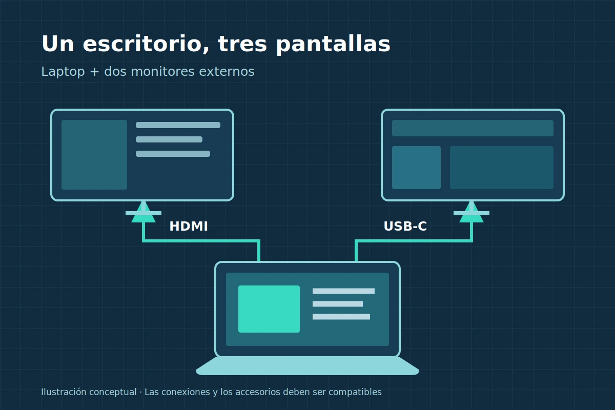 Ilustración editorial de una laptop con dos monitores externos: conexión HDMI y conexión USB-C