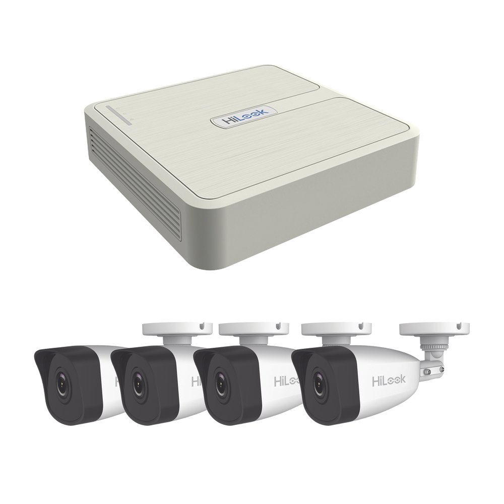 Kit HiLook NVR 104H D 4P 4 Canales Hasta 6TB 4x IPC B141H Bala KIP4MP 4B