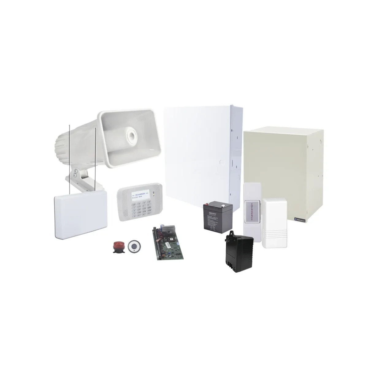Kit de Seguridad Honeywell ALARMA VECINAL Panel alfanumerico Gabinete Bateria Transformador Receptor inalambrico Contacto Magnetico Boton de Emergencia Sirena Gabinete de Sirena Ta