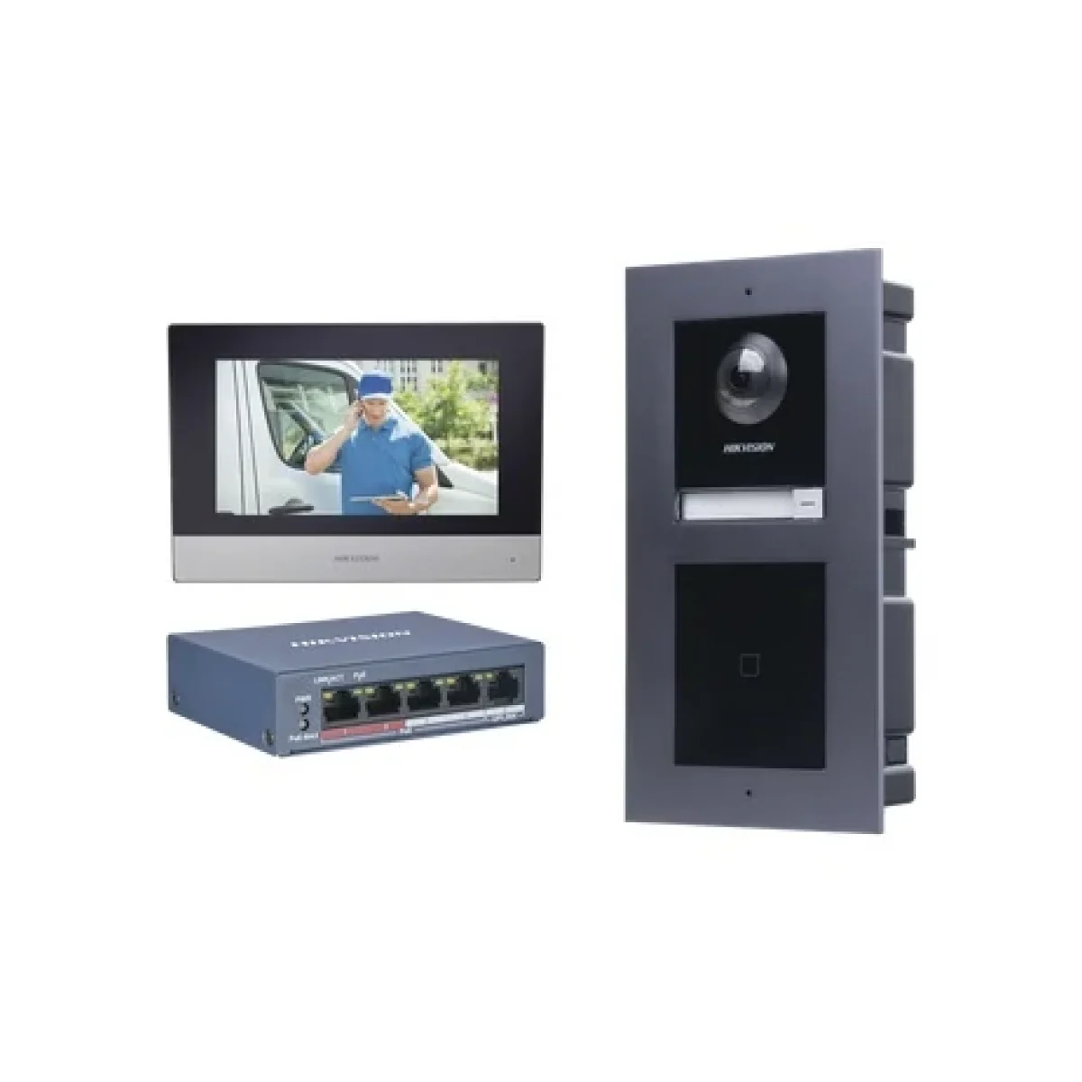 Kit de Videoportero IP HIKVISION DSKIS601 V2 Frente de calle DS KD8003 IME1 Modulo Lector de Tarjetas DS KD E Montaje DS KD ACF2 Monitor DS KH6320 WTE1 Switch PoE DS 3E0505P E M DS