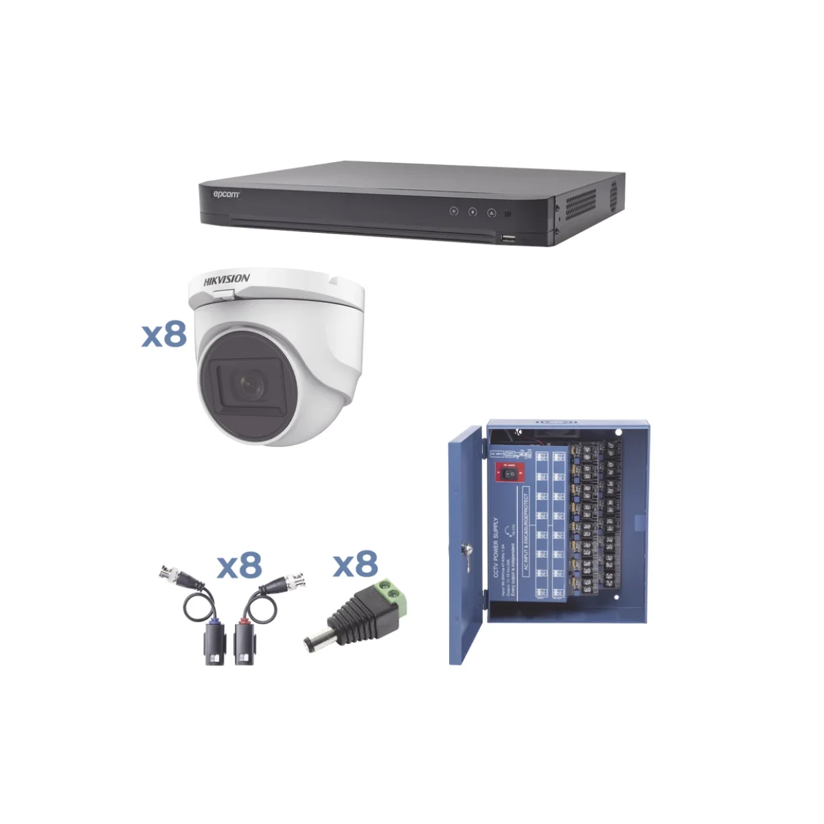 Kit de Vigilancia HIKVISION DVR 8 Canales 8 Camaras Domo Conectores Transceptores Fuente de Poder KH1080P8DW